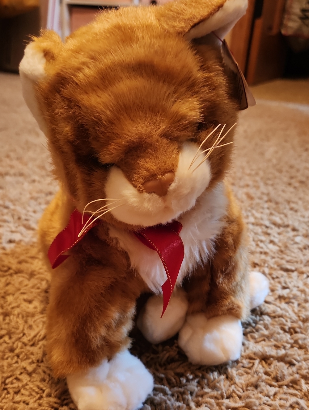 TY 2002 Plush Tabby Kitty with Red Ribbon